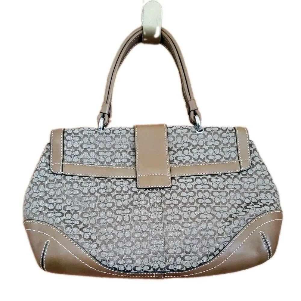 Coach Soho Signature C Buckle Flap Shoulder Bag Camel Tan Leather Trim 6349